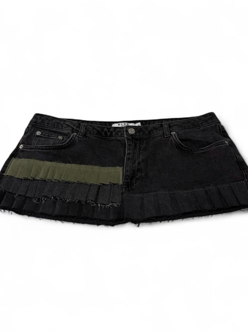 Black Denim reworked Mini Skirt with Olive Accent